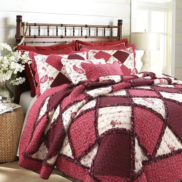 Cozy Line Home Fashions Burgundy Vintage Cottage Floral Rose Flower Real Patchwork 100% Cotton Bedding Quilt Set, Coverlet Bedspread (Red Lace, Queen - 3 Piece)