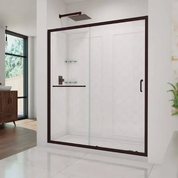 DreamLine Infinity-Z 30 in. D x 60 in. W x 76 3/4 in. H Semi-Frameless Sliding Shower DoorShower Base and QWALL-5 Backwall KitClear Glass