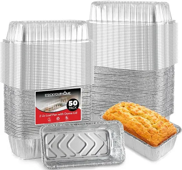 Stock Your Home Disposable Aluminum Loaf Pans with Lids, 2 lb (50 Pack) Foil Baking Tins with Plastic Lid, Tin Pan with Cover for Cake, Banana Bread