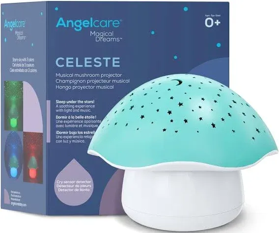 Celeste Musical Mushroom Night Light Baby Projector - Sleep Soother with Adjustable Volume Lullabies, White Noises, 3 Night Light Colors, and Cry Sensor Detector