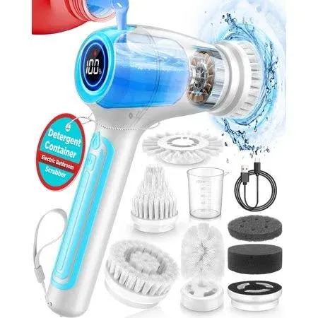 Cordless &amp; Rechargeable 3200mAh Electric Spin Scrubber with Detergent Contain...