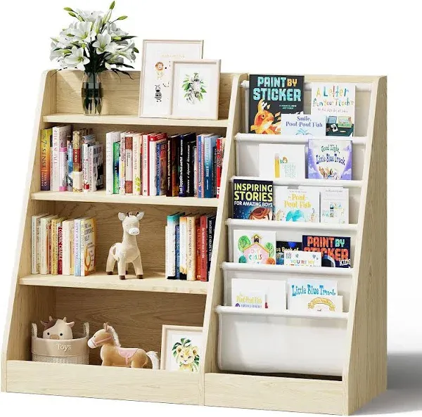 4-Tier Kids Wooden Bookshelf 5 Layer Sling Bookcase Baby Storage Book Rack Kids Book Toy Organizer