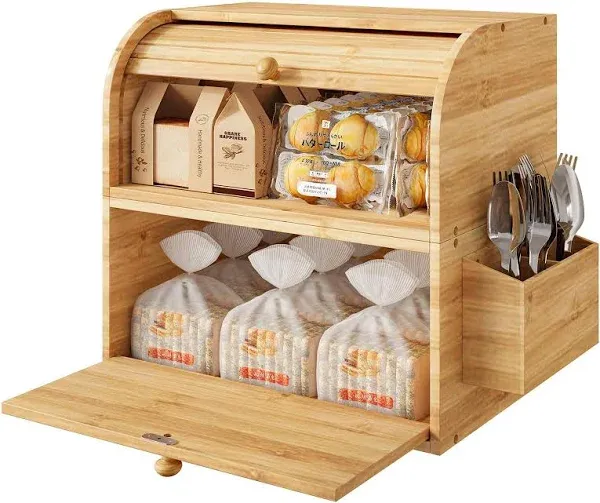  Bamboo Bread Box for Kitchen Counter Dobule Layer Roll Top Bread Storage