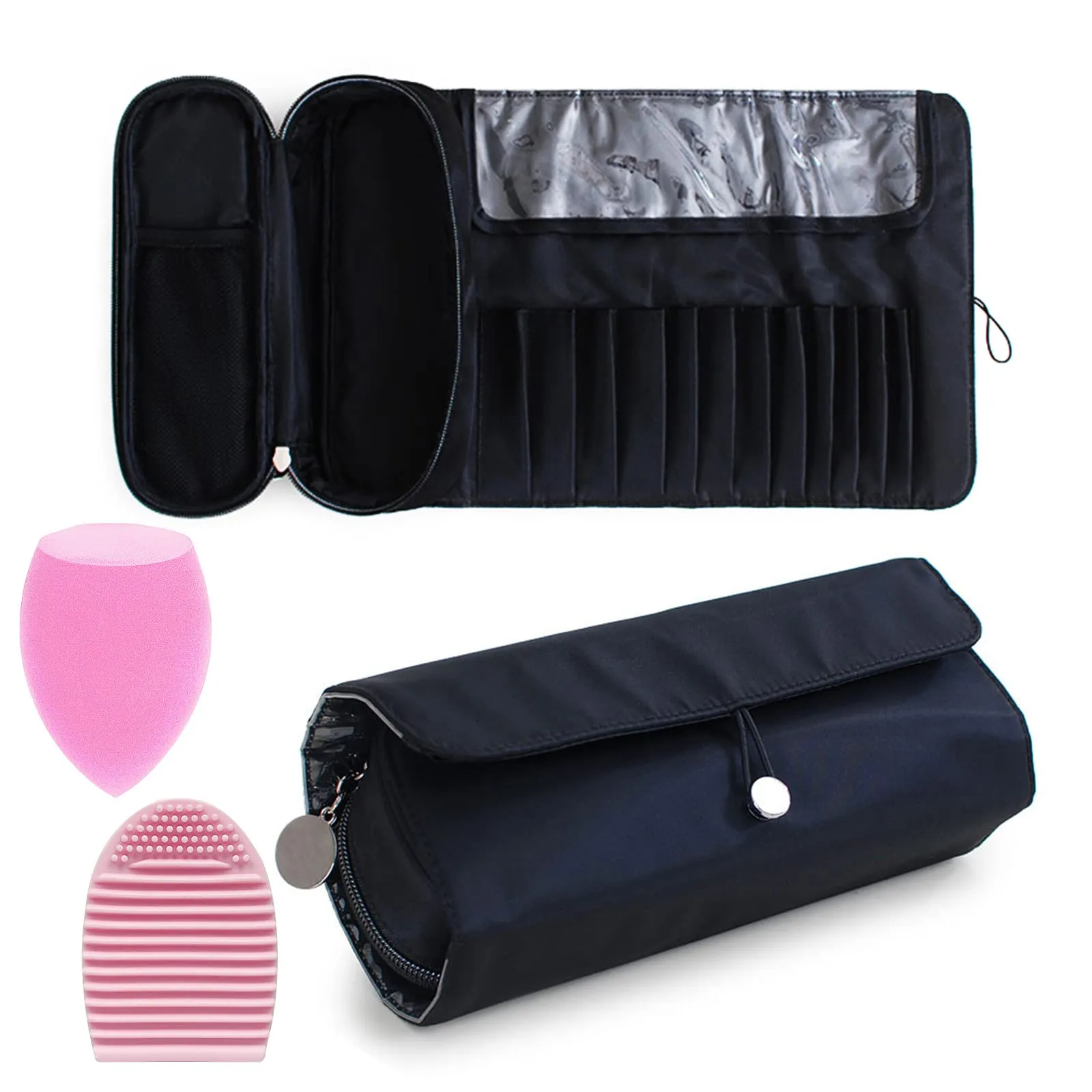 HIUZAR Portable Makeup Brush Organizer Makeup Brush Bag For Travel Can Hold 20+ Brushes Cosmetic Bag Makeup Brush Roll Up Case Pounch H