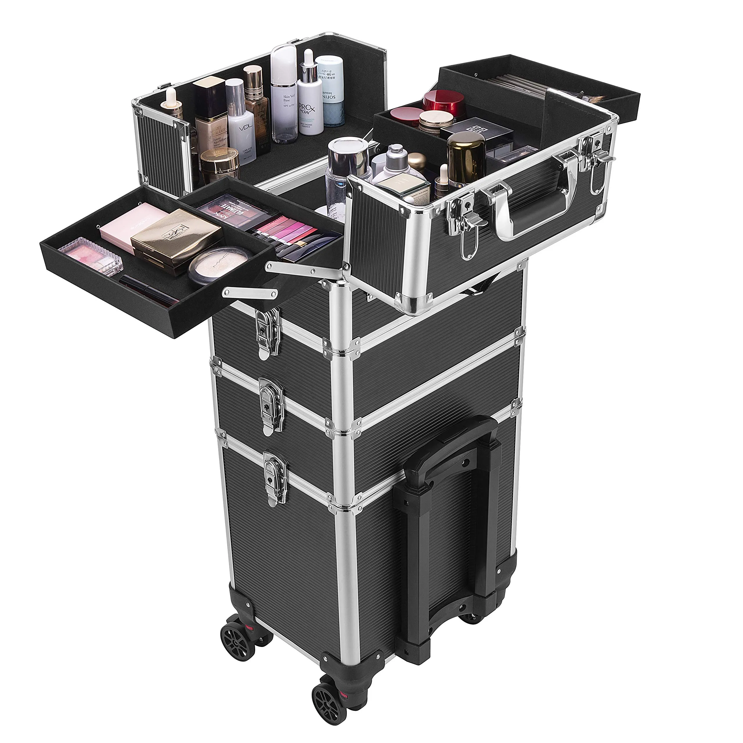 Professional Makeup Train Case 4 in 1 Rolling Cosmetic Trolley Beauty Travel Box