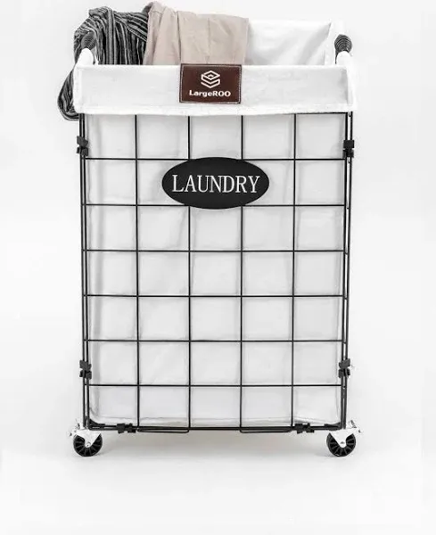 LargeROO Wire laundry Basket with Wheels & Removable Liner Bag for Bedroom