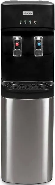 Igloo Hot and Cold Water Cooler Dispenser - Holds 3 & 5 Gallon Bottles, 2 Temperature Spouts with Dispensing Paddles, Child Safety Lock, Stainless Steel Tubing, Water Tank, and Door - Black