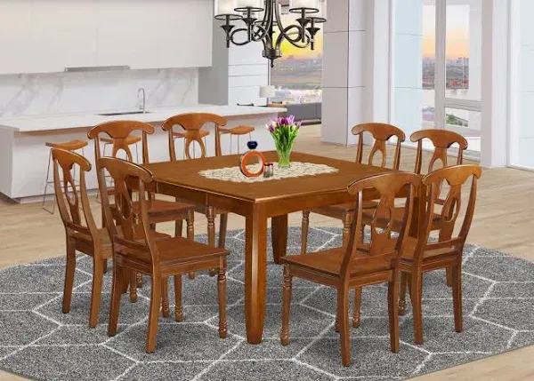 East West Furniture PFAV9-SBR-W 9 Piece Kitchen Table & Chairs Set Includes a Square Dining Table with Butterfly Leaf and 8 Dining Room Chairs, 54x54 Inch, Saddle Brown