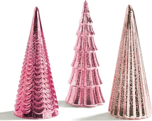 LampLust Table Top Christmas Tree Decorations with Fairy Lights, Set of 3 Assorted Trees, 10 Inch Tall, Pink Mercury Glass Finish, Batteries Included, Holiday Table Centerpiece and Mantle Decor