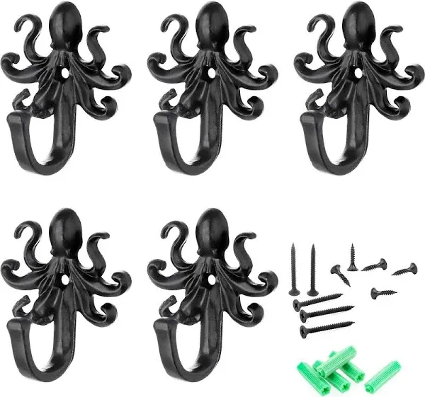 5 Pack Coat Hooks Wall Hooks, Octopus Decorative Wall Mounted Hooks Rustic Me...