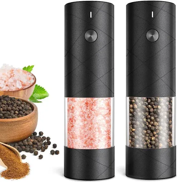 Electric Salt and Pepper Grinder Set, Rechargeable Automatic Pepper Mill Grinder with LED Light, Adjustable Coarseness shakers, One-Hand Operation for Kitchen(2 Pack, Upgrade Black+Black)