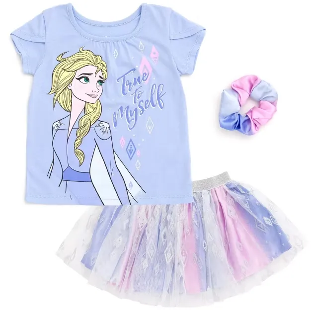 Disney Moana Princess Frozen Rapunzel Jasmine Belle Girls T-Shirt Tulle Skirt and Scrunchie 3 Piece Outfit Set Little Kid to Big Kid