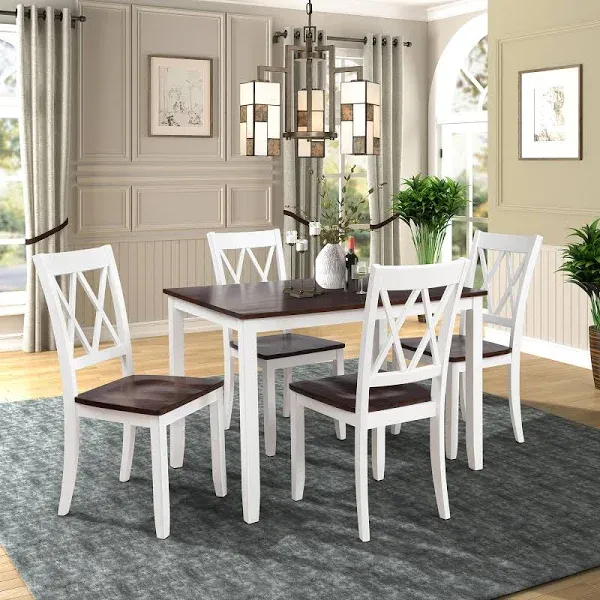 Harper & Bright Designs 5-Piece Wood Dining Table Set for 4, Kitchen Furniture Set with 4 High Back Dining Chairs for Small Places,White+Cherry