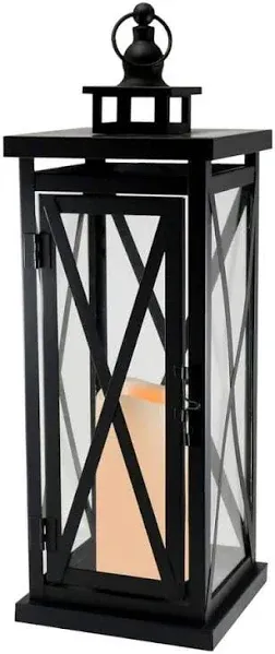 LumaBase Metal Lantern with LED Candle, Black Crisscross