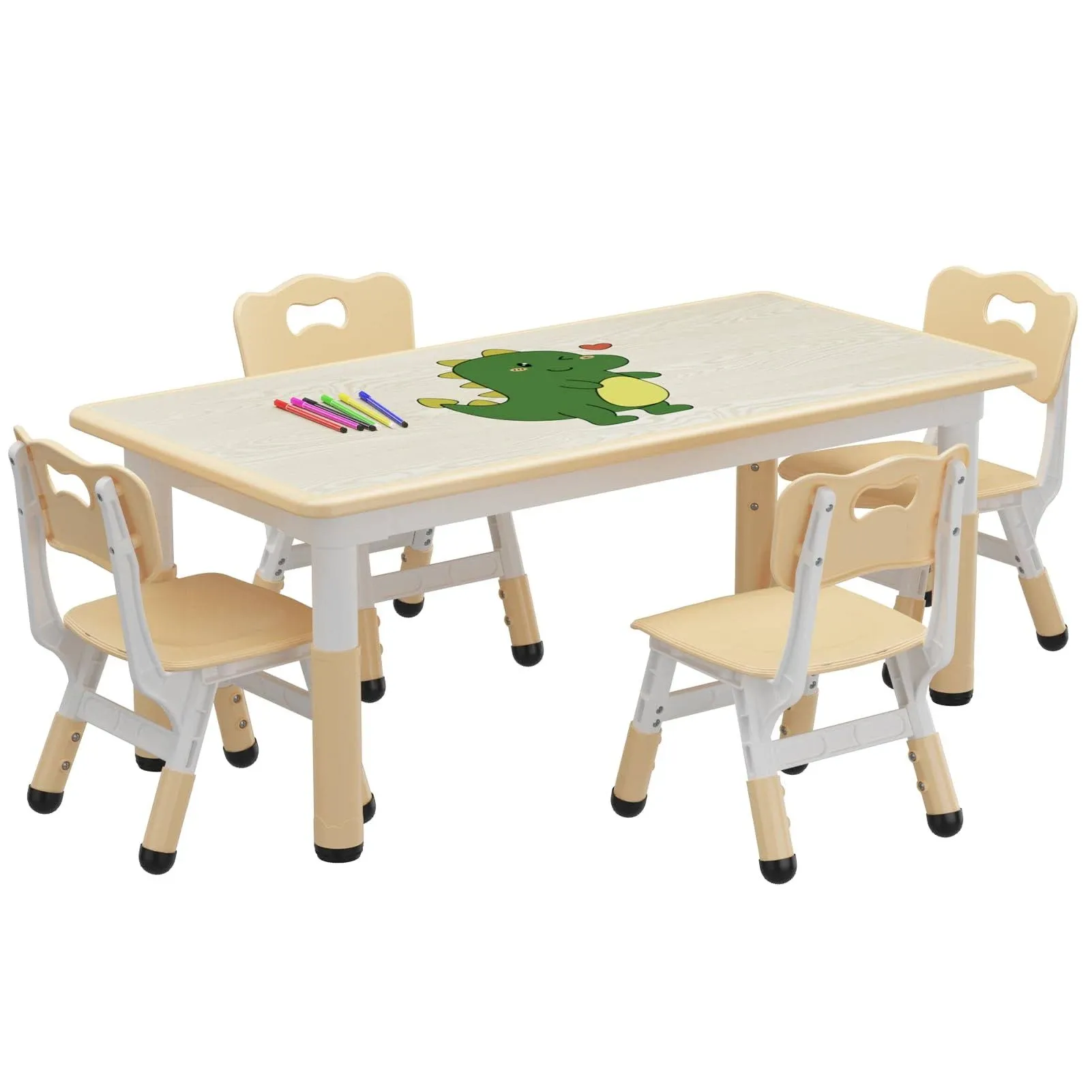 gaomon Kids Table and 4 Chairs Set, Height Adjustable Toddler Table and Chair Set for Ages 2-10, Graffiti Desktop, Non-Slip Legs, Children Table and