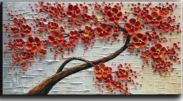 - hand-painted Oil Painting On Canvas Texture Palette Knife Red Flowers Paint...