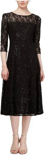 Sl Fashions Women's 3/4-Sleeve Sequin Lace Dress