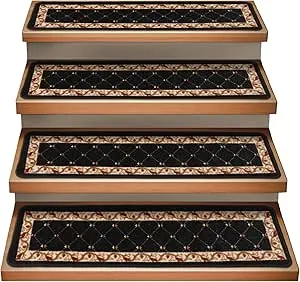 House, Home and More Set of 15 Attachable Indoor Carpet Stair Treads - Traditional Trellis Lattice with Floral Border - Ebony Black - 9 Inches X 36 Inches