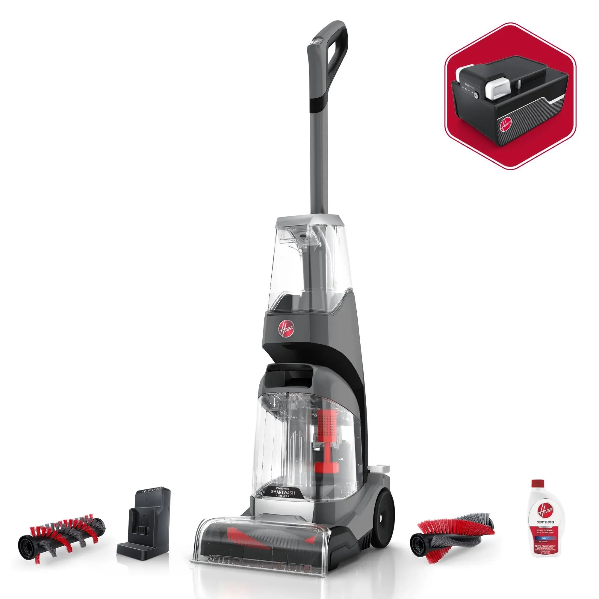 Hoover ONEPWR Smartwash Cordless Carpet Cleaner Machine, Powerful Cleaning and Extraction, Automatic Cleaning Technology, LED Display,BH50700V, Silver