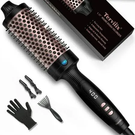 Terviiix Thermal Brush 1.77 Inch Quick Heating Makes Hair Silky Smooth, Ceramic Tourmaline Ionic Heated Brush & Round Brush Volumizer, Digital Display 9 Temperatures Curling Iron, Dual Voltage