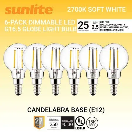 6Pk - Sunlite 2.5w LED G16.5 Globe E12 Base 3000K Bulb - 25W Equiv