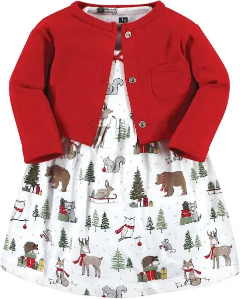 Hudson Baby Infant and Toddler Girl Cotton Dress and Cardigan Set, Red Winter Forest