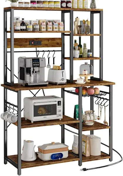 Large Bakers Rack 6-Tier Microwave Stand Coffee Bar 12 S-Shaped Hooks Kitchen Shelf Wire Basket