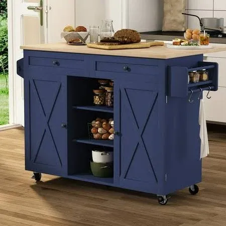 Hlr 51.7" W Folding Kitchen Island Table on Wheels with Storage&Drop Leaf for Dining Room