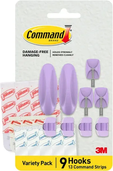 Command Mixed Hooks Pack, 9 Lavender Hooks, 13 Strips (2 Medium Designer Hooks, 4 Medium Indoor Strips; 3 Small Wire Hooks, 4 Small Indoor Strips; 4 Clear Round Cord Clips, 5 Small Clear Strips)