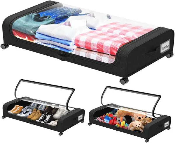 Under Bed Storage with Wheels, Large Capacity Under Bed Storage Containers with Clear Lid,Handle,Label, Rolling Under Bed Shoe Storage Organizer for Clothes Toy Shoe Blanket (Black)