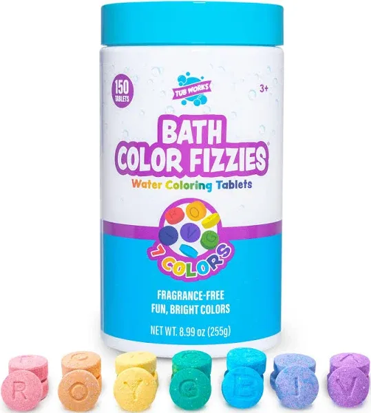 Tub Works® Bath Color Fizzies, 150 Count | Nontoxic & Fragrance-Free | Fizzy, Bath Color Tablets for Kids | Create Fun Bath Colors | Water Tablets in 7 Colors for Variety | Bath Bombs for Kids Bath