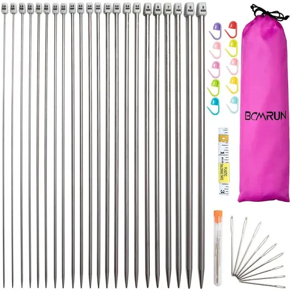 BCMRUN Knitting Needle Set 22PCS Straight Single Pointed Stainless Steel Needles