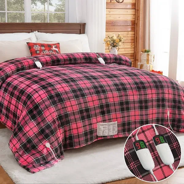 Heated Blanket Electric, Queen Size 84X90, Heating Blanket with 10 Heating Levels/8 Hours Auto Off/Dual Control for Bed, Plaid Checkered Sherpa Blanket Warmer for Adults, Fast Heating, ETL, Black