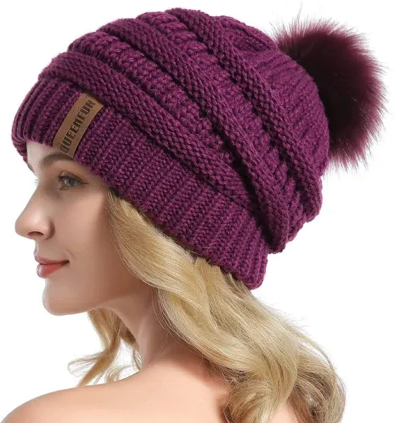 Queenfur Knit Slouchy Beanie for Women Thick Baggy Hat Faux Fur Pompom Winter Hat