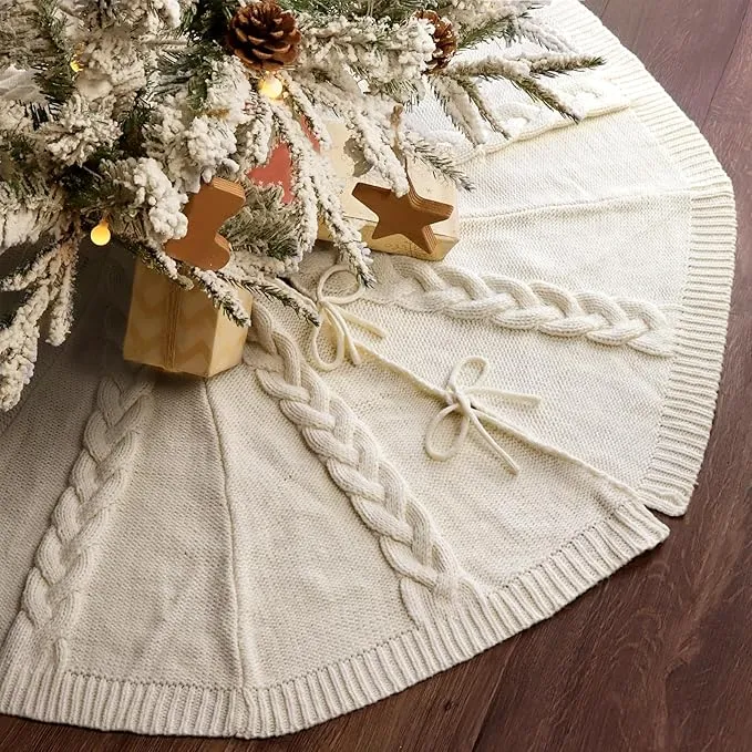 LimBridge Knitted Christmas Tree Skirt: 48 Inches Cream White Tree Skirt, Multiple Braided Cable Knit Thick Rustic Christmas Tree Decorations, Christmas Decor Xmas Holiday Home Party Decorations