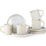 Famiware Star Espresso Cups and Saucers Set of 4, [ Mini ] 3 oz Ceramic Small Coffee Mug with Handle, Ribbed Stoneware Demitasse Cup for Tea, Latte