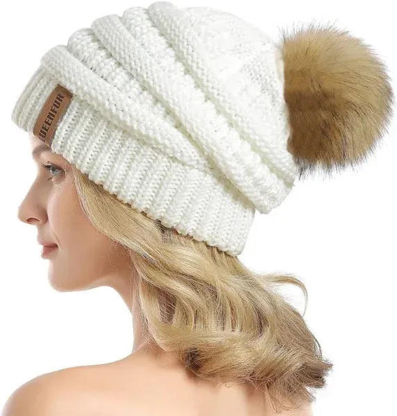 QUEENFUR Women Knit Slouchy Beanie Chunky Baggy Hat with Faux Fur Pompom Winter Soft Warm Ski Cap