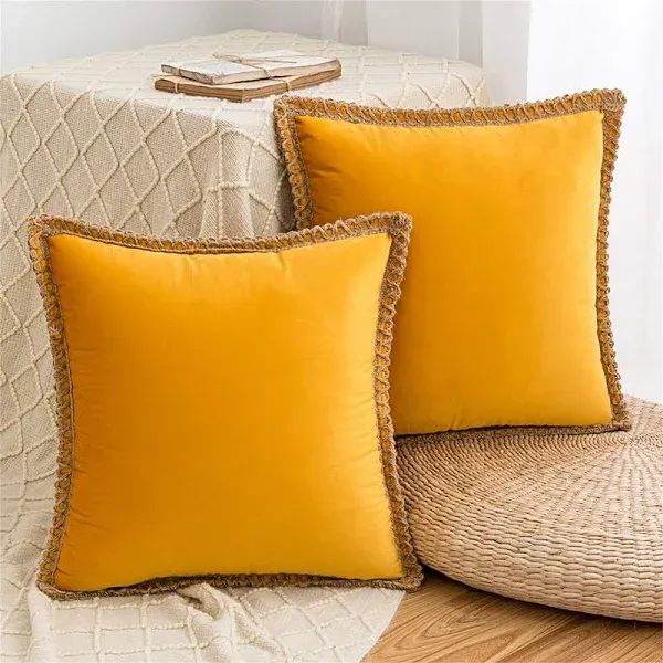 AQOTHES Set of 2 Velvet Decorative Throw Pillow Covers 18x18 Inch, Farmhouse Gold Throw Pillows for Couch Sofa Bed Home Living Room Decor