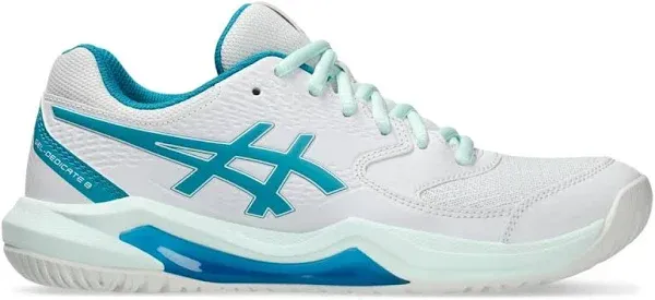 Womens Gel-Dedicate 8 Wide Tennis Shoes White and Teal Blue