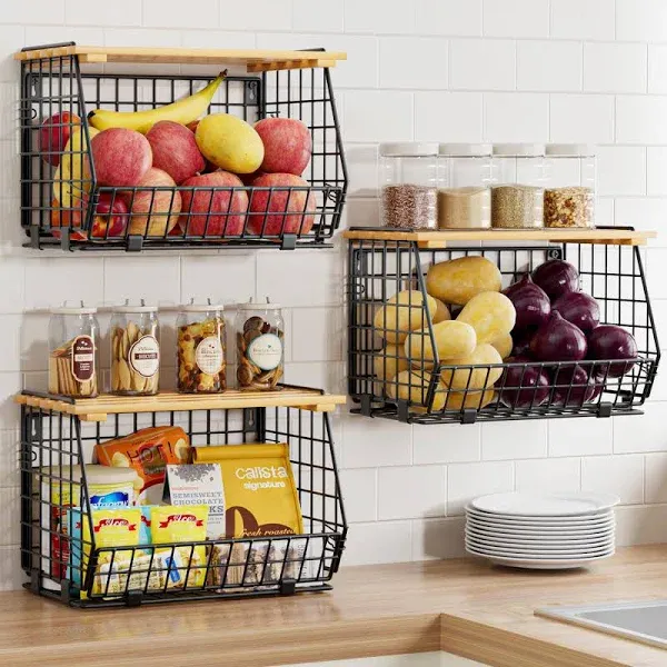 Wire Fruit Basket for Kitchen Storage: Hanging Fruit Basket for Kitchen Stackable Counter Basket for Vegetable Produce - Counter Potato and Onion Storage for Pantry 3 Pack