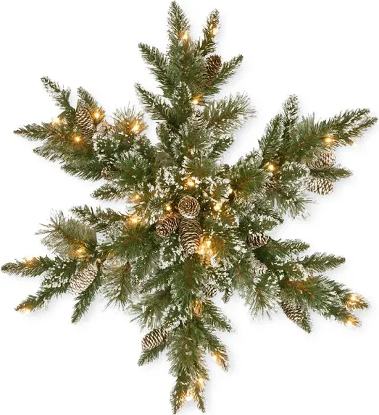 National Tree Company Pre-Lit Artificial Christmas Star Wreath, Green, Glittery Bristle Pine, White Lights, Decorated with Pine Cones, Frosted Branches, Christmas Collection, 32 Inches