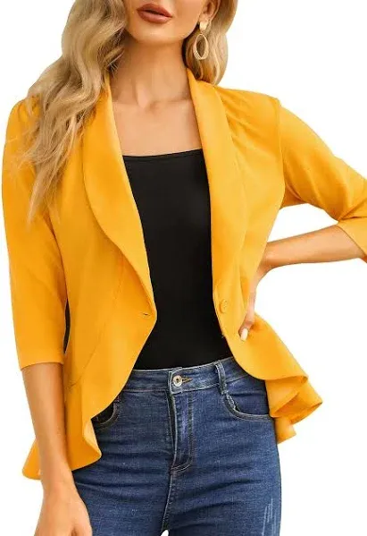 Womens Casual Blazer 3/4 Sleeve Open Front Ruffle Work Office Cardigan Suit Jacket