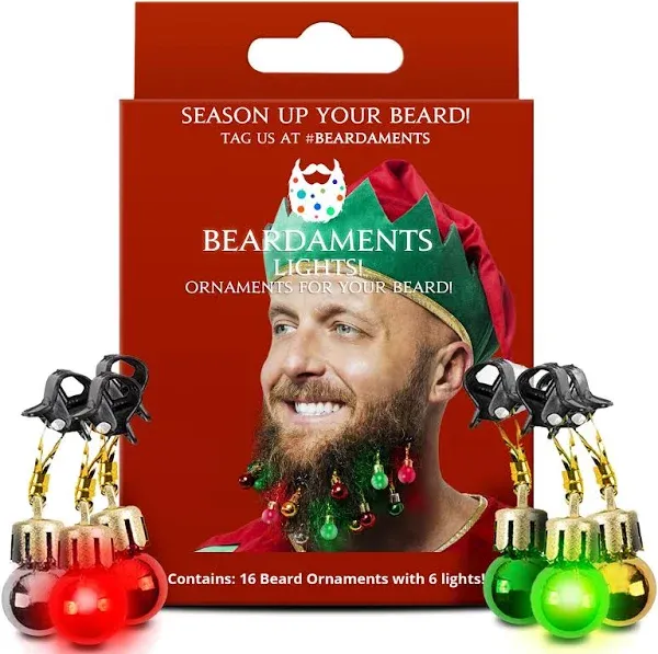 Beard Lights - The Original Light Up Beard Ornaments, 16pc Colorful Christmas Facial Hair Baubles for Men in The Holiday Spirit with Clip for Easy Beard Attachment