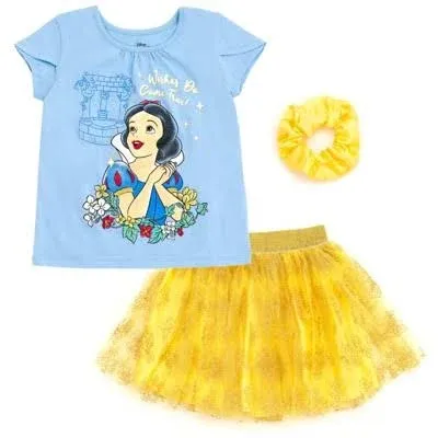 Disney Princess Tiana Little Girls T-Shirt Tulle Mesh Skirt and Scrunchie 3 Piece Outfit Set 7-8