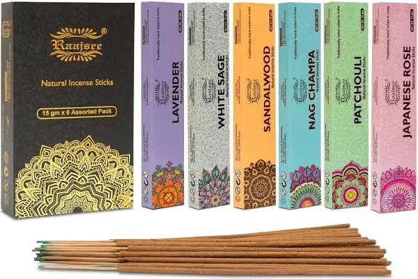 Raajsee Natural Incense Sticks,6 Pack Mixed Scents Gift Pack 15 gm Each (90 gm Total), Insense Sticks Variety Pack, 100% Organic Non Toxic Natural - Hand Rolled Free from Chemicals