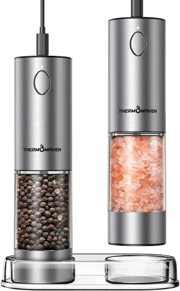 Electric Salt and Pepper Grinder Set, 2.5 Oz Larger Rechargeable Automatic Salt and Pepper Mill Grinder with 6 Adjustable Coarseness, Electric Salt and Pepper Shakers, LED, 2 Packs, Silver