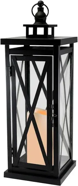 LumaBase Metal Lantern with LED Candle, Black Crisscross