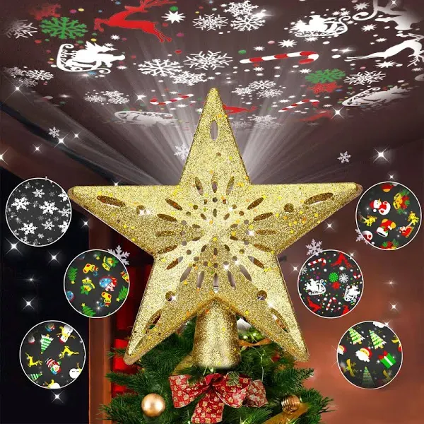 Christmas Tree Topper Lighted with 6 Pattern Projection Modes, Christmas Golden