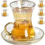 Vissmarta Turkish Tea Glasses Cups Set of 6 and Saucers Glassware, Moroccan Tea Glasses, Gold Drinking Glasses, Tea Set, Women Party Arabic Fancy