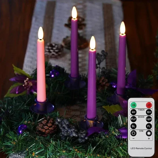 FREEPOWER Flameless Advent Candles - Set of 4 Battery Operated LED Advent Candle with Remote Control & Timer- 8-inch Tall Flicker Flame Battery Operated Taper Candles for Christmas Holiday